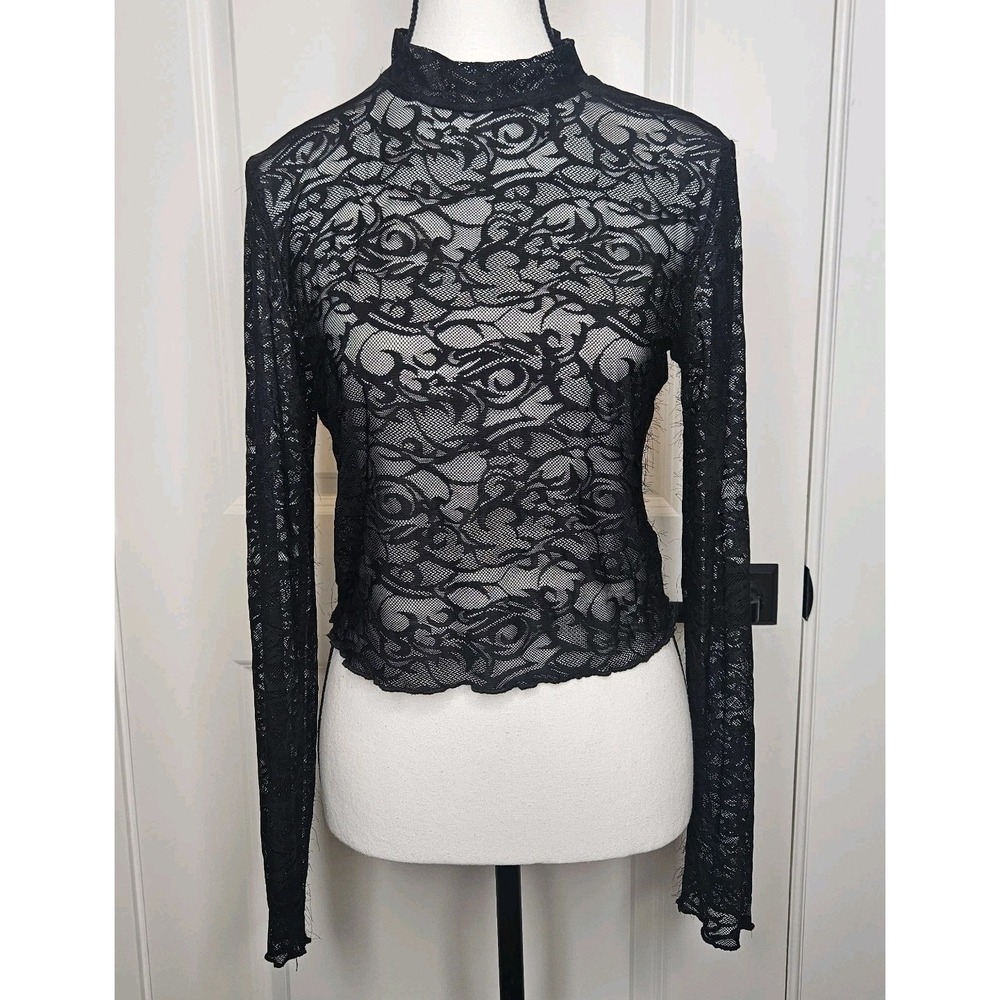 Forever 21 Lace Mesh Longsleeve Top Stretch Sheer‎ Size Medium Black Y2k Style